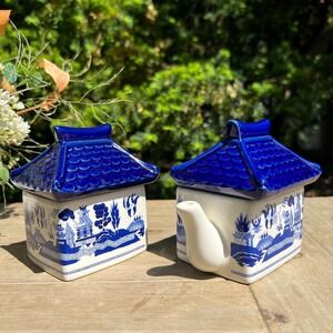 Pagoda Blue Willow Sugar and Cream Set